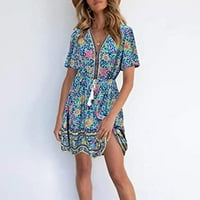 Мини Фустани За Жени Дами Ново Лето V-Вратот Мода Цветни Печатени Појас Плисирани Краток Ракав Фустан