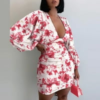 Женски Мода V-Вратот Печатење Со Долги ракави Со Висок струк Пакет Колк Фустан