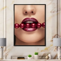 DesignArt 'Девојче со црвени бисери во уста во сензуална поза' модерна врамена платно wallидна уметност печатење
