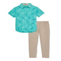 Гроздобер момчиња на akeејк 4- Краток ракав ткаени кошула и панталони со џогер, панталони со 2 парчиња облека