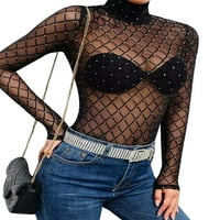 Женска Клубска Облека Блузи Со Еднобојна Црна Решетка Проѕирна Мрежа Врвови Со Долги Ракави