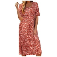 Tking Модни Жени Летни Секојдневни Печатени Странични Сплит Фустани Со Кратки Ракави Тркалезни Миди Течни Фустани Со Џеб Црвени