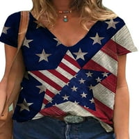 Витмона Женски Американски Знаме Печатење Краток Ракав V-Вратот Опуштено Одговара Обична Маица Блуза Блузи