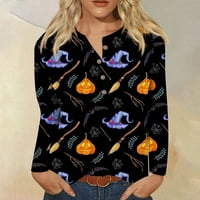 Женски Повик Ноќта На Вештерките Печатени Копче Вратот Долги Ракави Пуловер Врвот Блуза