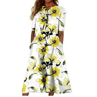 Фустани За Жени Краток Ракав Средна Должина Повик Печатени Макси Лето V-Вратот Фустан Жолта С