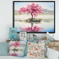 Ориентална цреша розова дрво Сакура на езерото врамено сликарско платно уметничко печатење