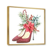 DesignArt „Црвени велур чевли со потпетици со Божиќни црвени цветни декор“ Традиционално врамено платно wallидно уметности
