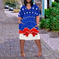 Саихи Летни Фустани За Денот На Независноста На Жените Плус Големина Џебови Повик V Вратот Лабава Печатење Миди Фустан Темно