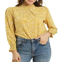 Womenенски разгален врат, исмејуван манжетни со цветни печатени блузи, врвен блуза