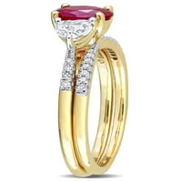 1- Карат Т.Г.В. Овално се создаде рубин, срце, создаден бел сафир и карат Т.В. Тркалезен дијамант 10kt жолто злато 3-камен невестински