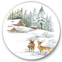 DesignArt 'Две елени со зимска куќа' фарма куќа метална wallидна уметност - диск од 29